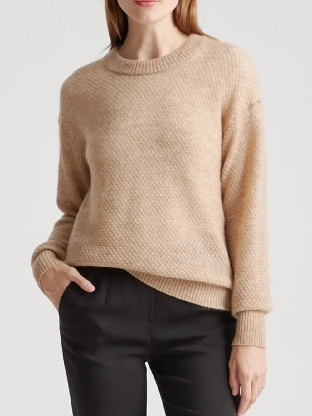 Quince Baby Alpaca Wool Sweater Women Size Medium Camel Tan Diamond Stitch Crew